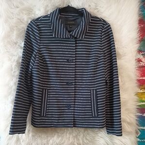 Talbots Navy Blue & White Striped Long Sleeve Front Button Peacoat Jacket Size M